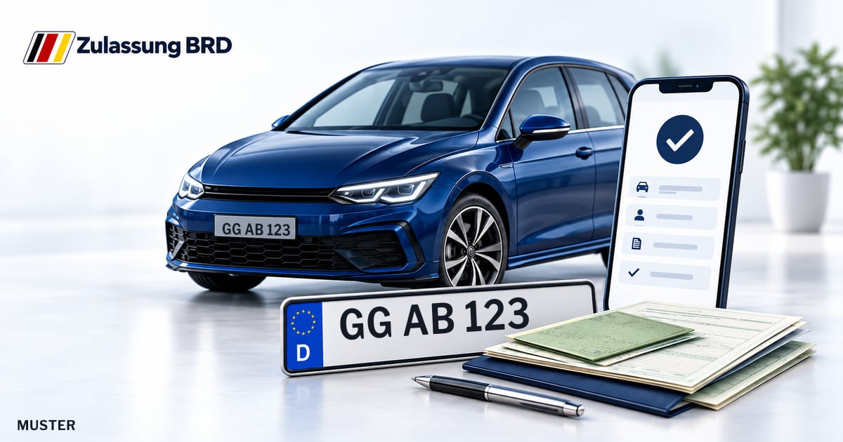 Online Fahrzeugzulassung in Raunheim: Musterkennzeichen GG AB 123, Auto und Fahrzeugpapiere und Smartphone. Illustration mit Logo von Zulassung BRD.